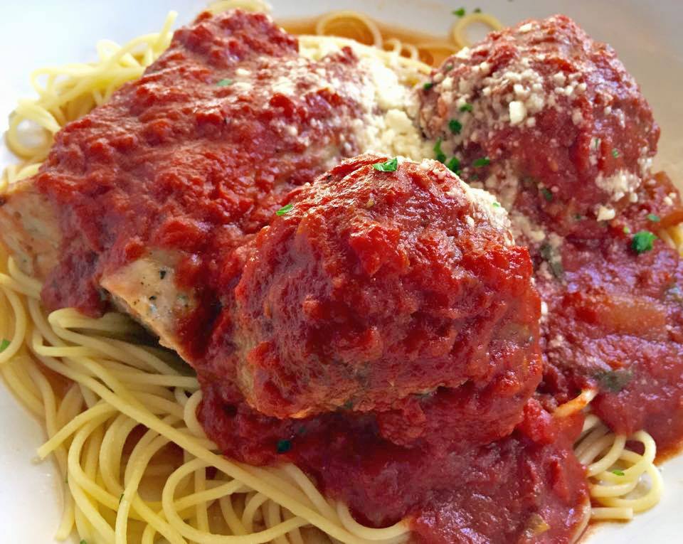 Spaghettini Meatballs, Sausage or Bolognese at Gratzzi Grille