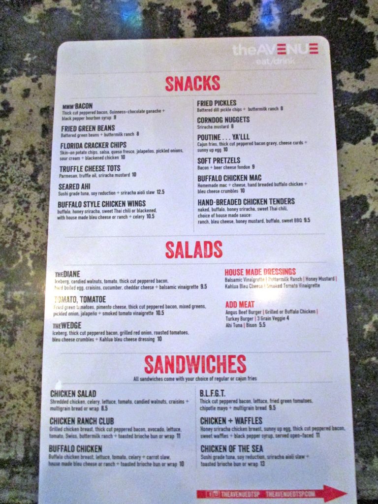 The Avenue St. Pete Menu