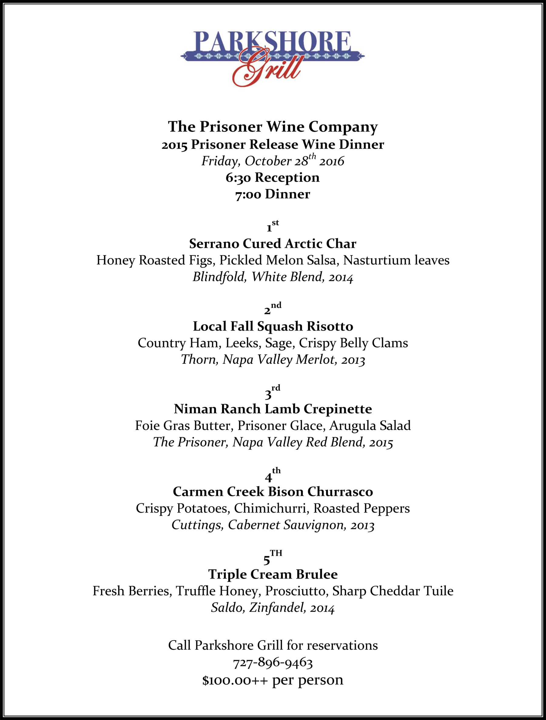 The Final Menu for The Prisoner Wine Dinner