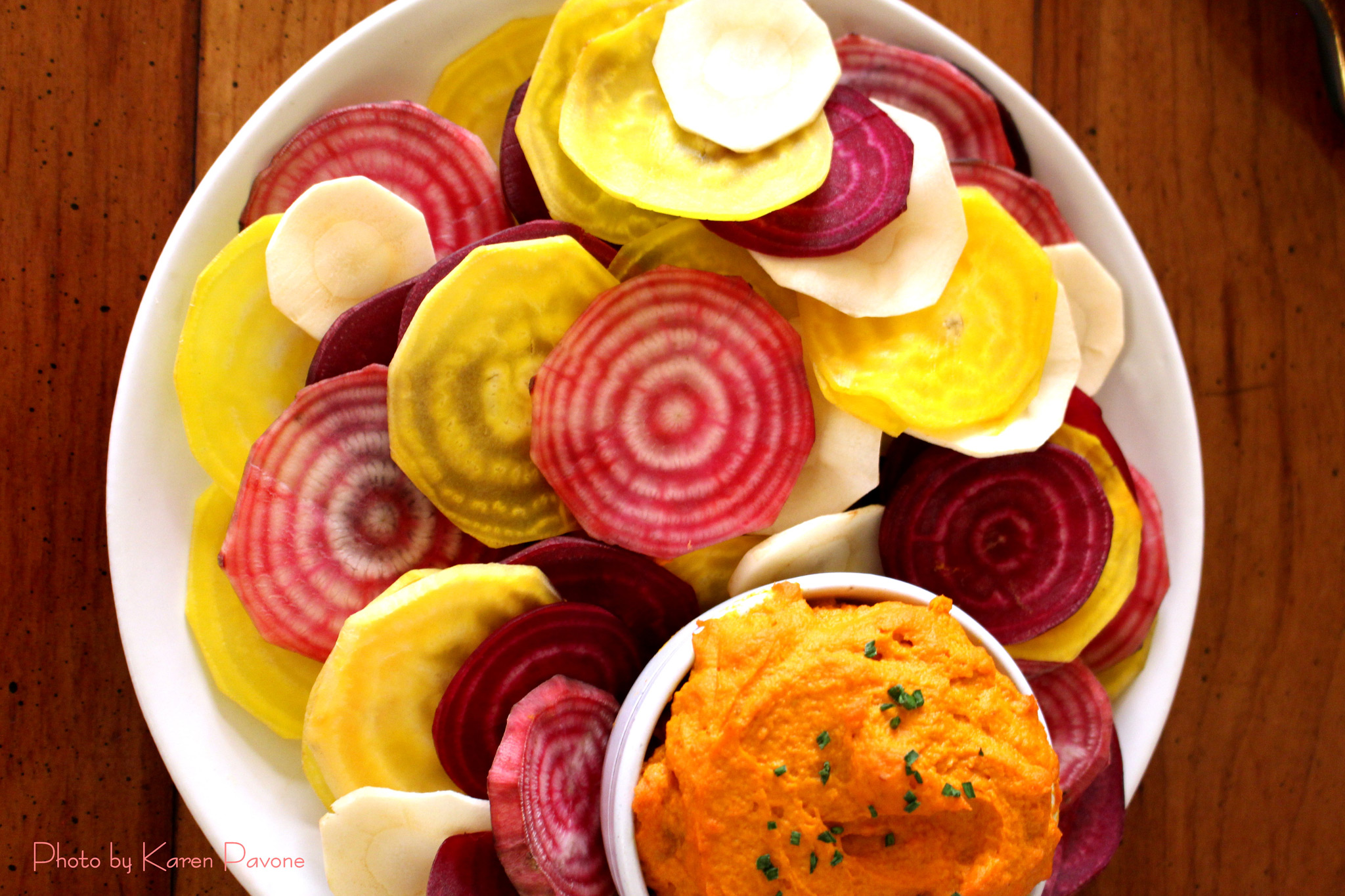 Root Vegetable Chips With Roasted Carrot Hummus