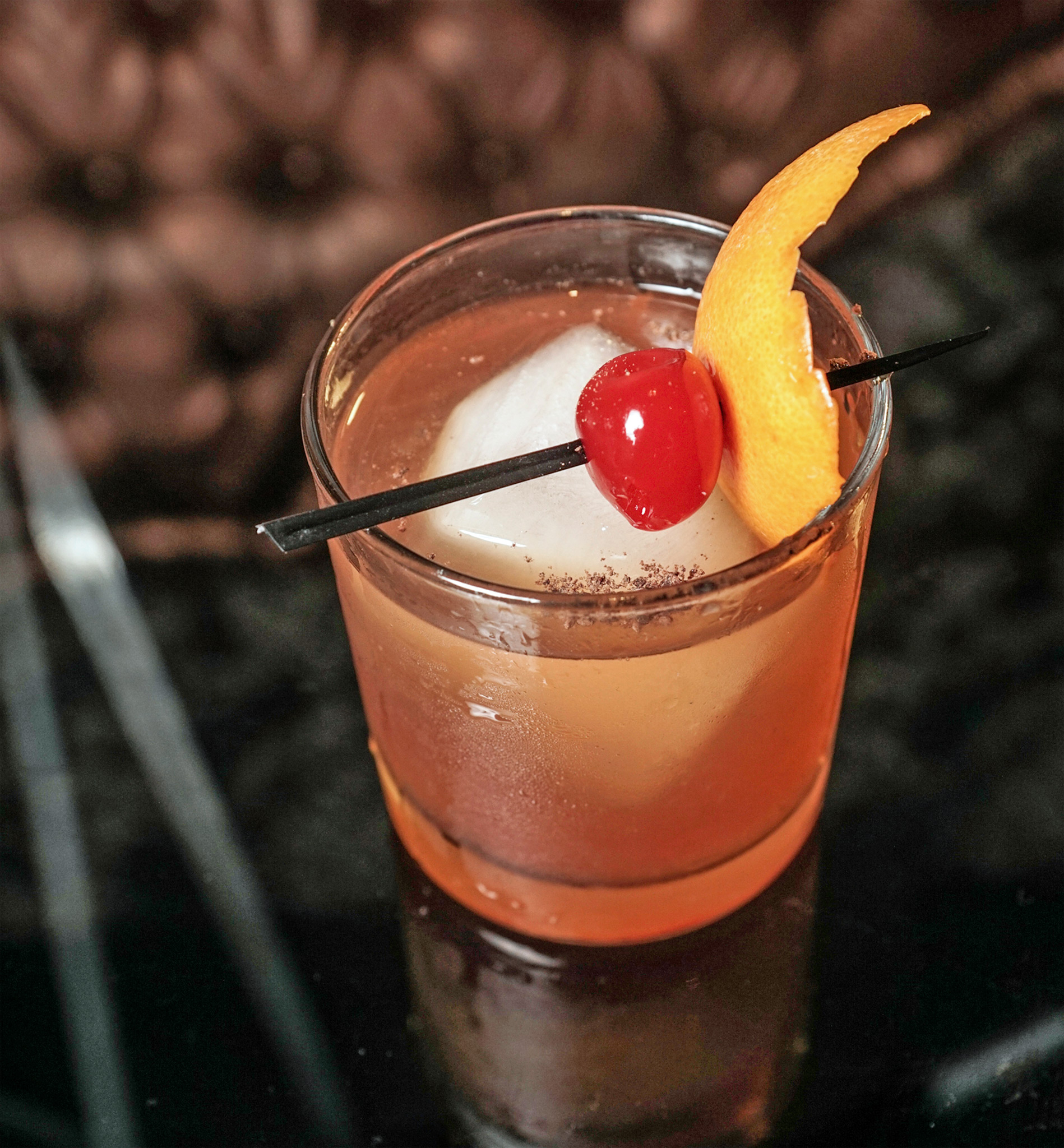 Chocolate Old Fashioned - buffalo trace bourbon, tempus fugit creme de cacao, angostura bitters, luxardo cherry & orange peel