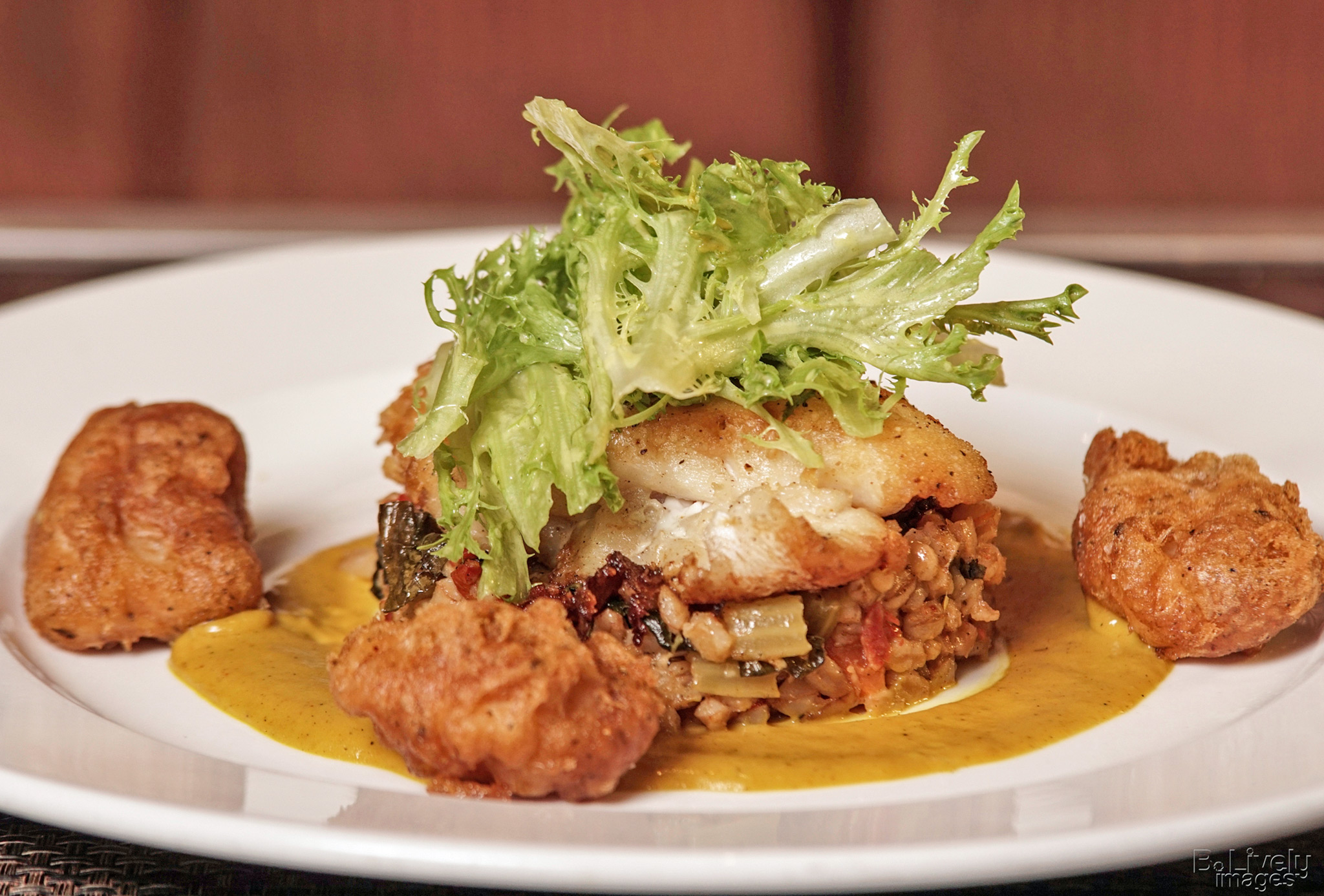 Grouper - seared gulf grouper, farro pilaf, fried grouper cheeks, mango coconut rum sauce