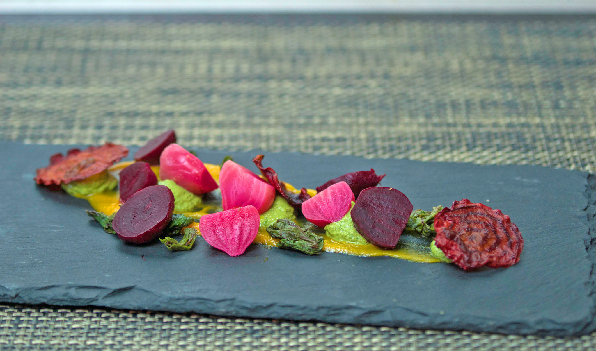 Beets - bulbs and greens, roasted fried and pickled, house pesto, blood orange vin