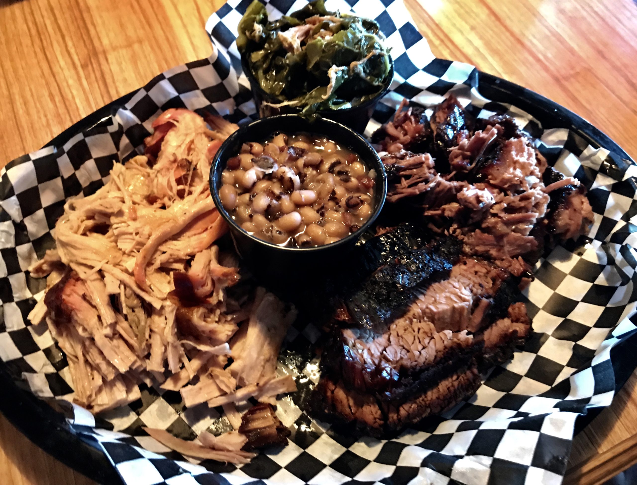 M-N-M BBQ Pulled Pork, Beef Brisket, Black Eyed Peas and Collard Greens