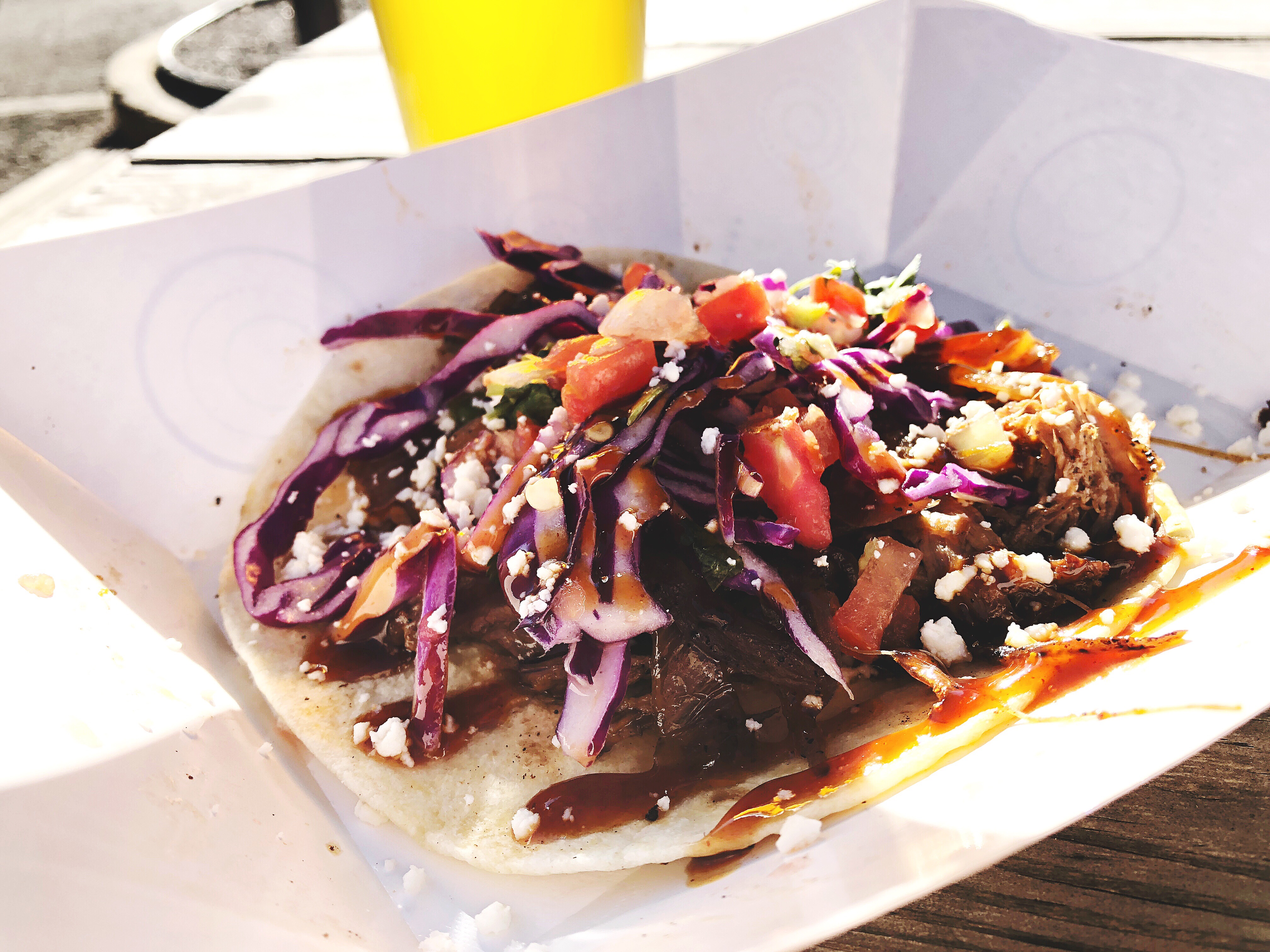 Short Rib Taco with Grilled Onions, Red Cabbage, Pico de Gallo and Horseradish Creme