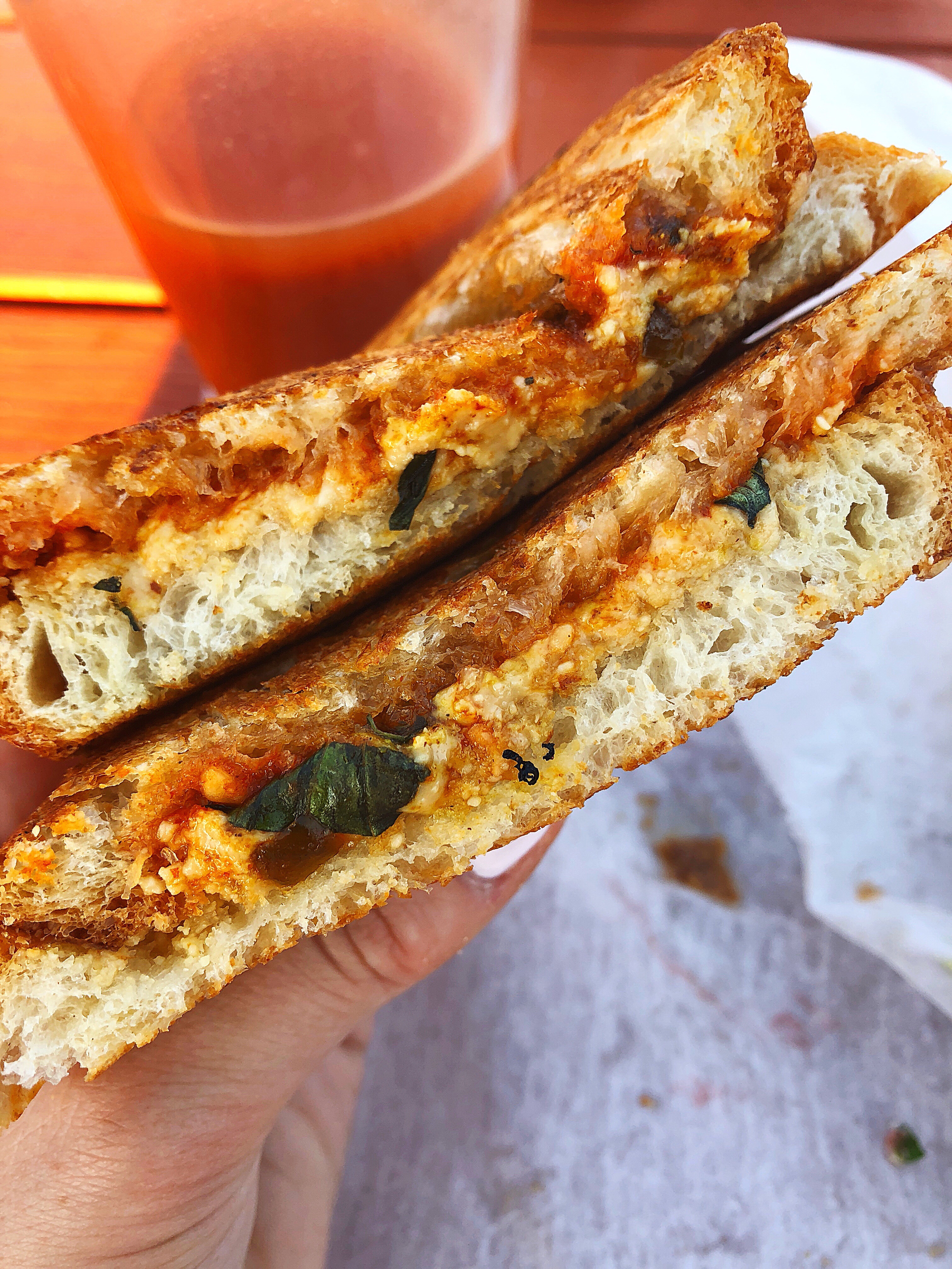 The Thai Fighter: Coconut Curry Peanut Butter, Sweet Pepper Jelly, Crushed Peanuts, Fresh Basil, Sriracha