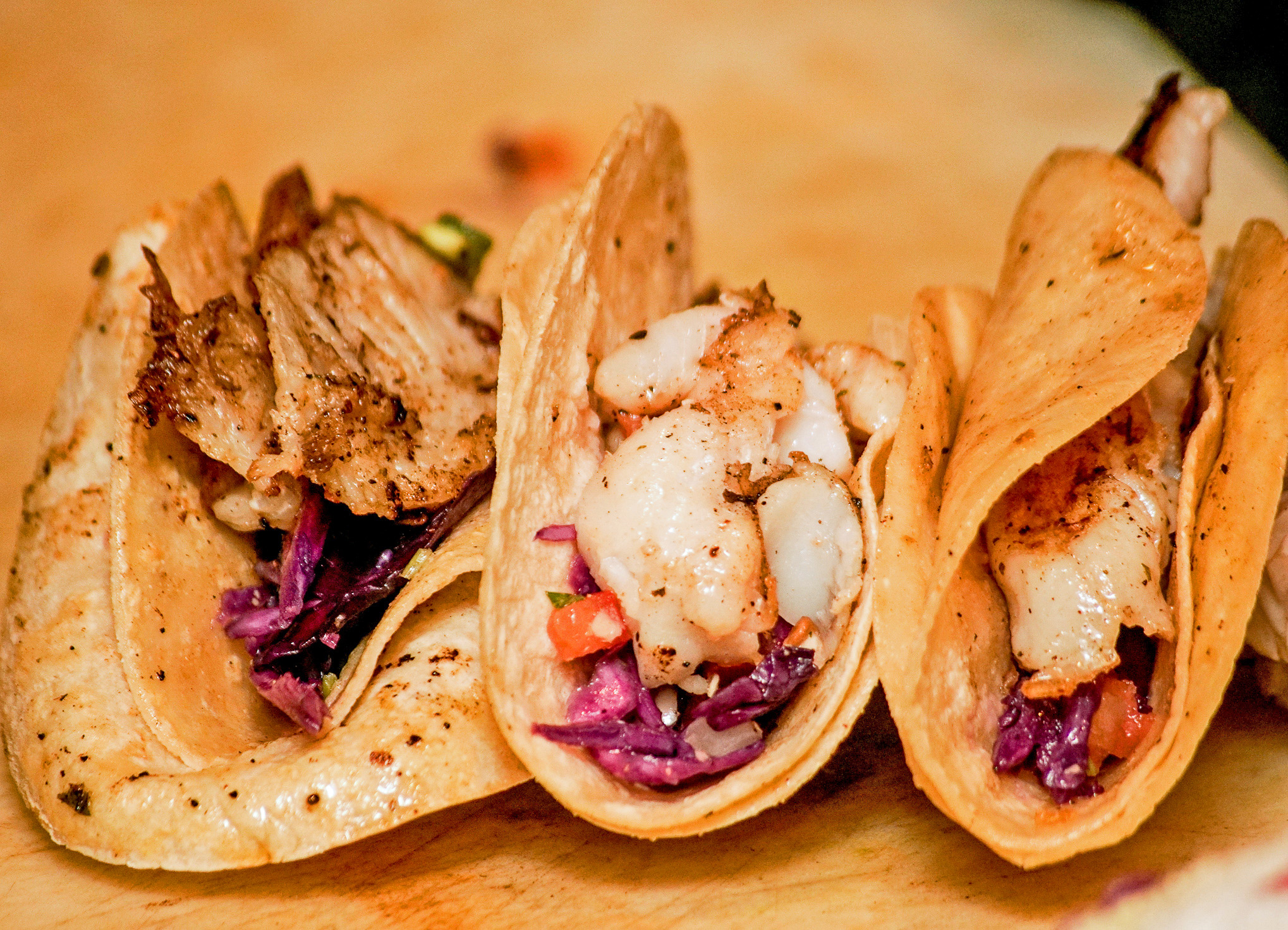 Pork, Shrimp, and Pescado Tacos