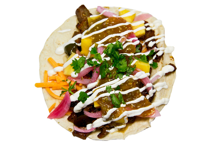 Augari - Grilled Steak with jack & cheddar, marinated jalapeños, mango, pickled onion, sour cream, cilantro, and salsa verde