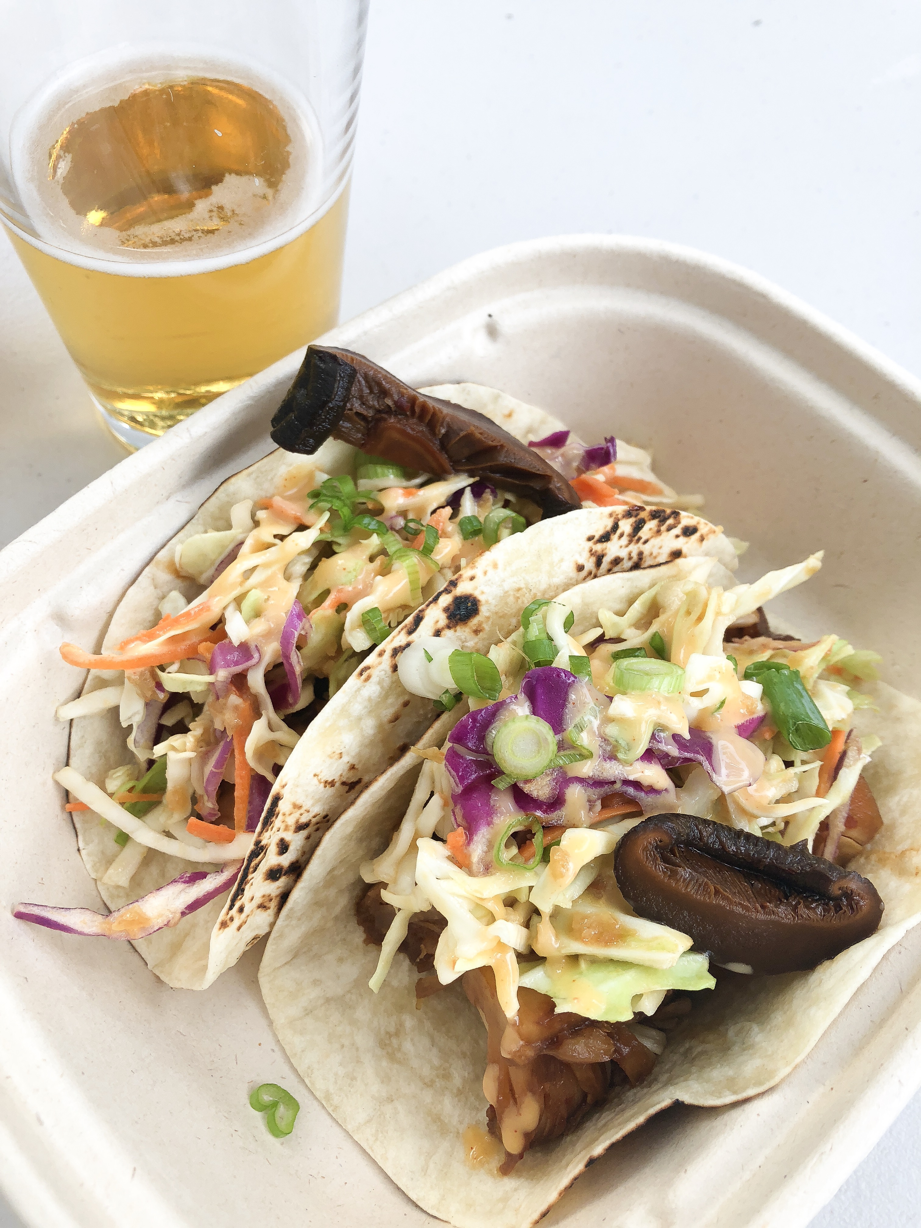 Spike's Tacos with Jackfruit, Hoisin BBQ Sauce, Asian Style Ginger Slaw and Pickled Shiitake Mushrooms