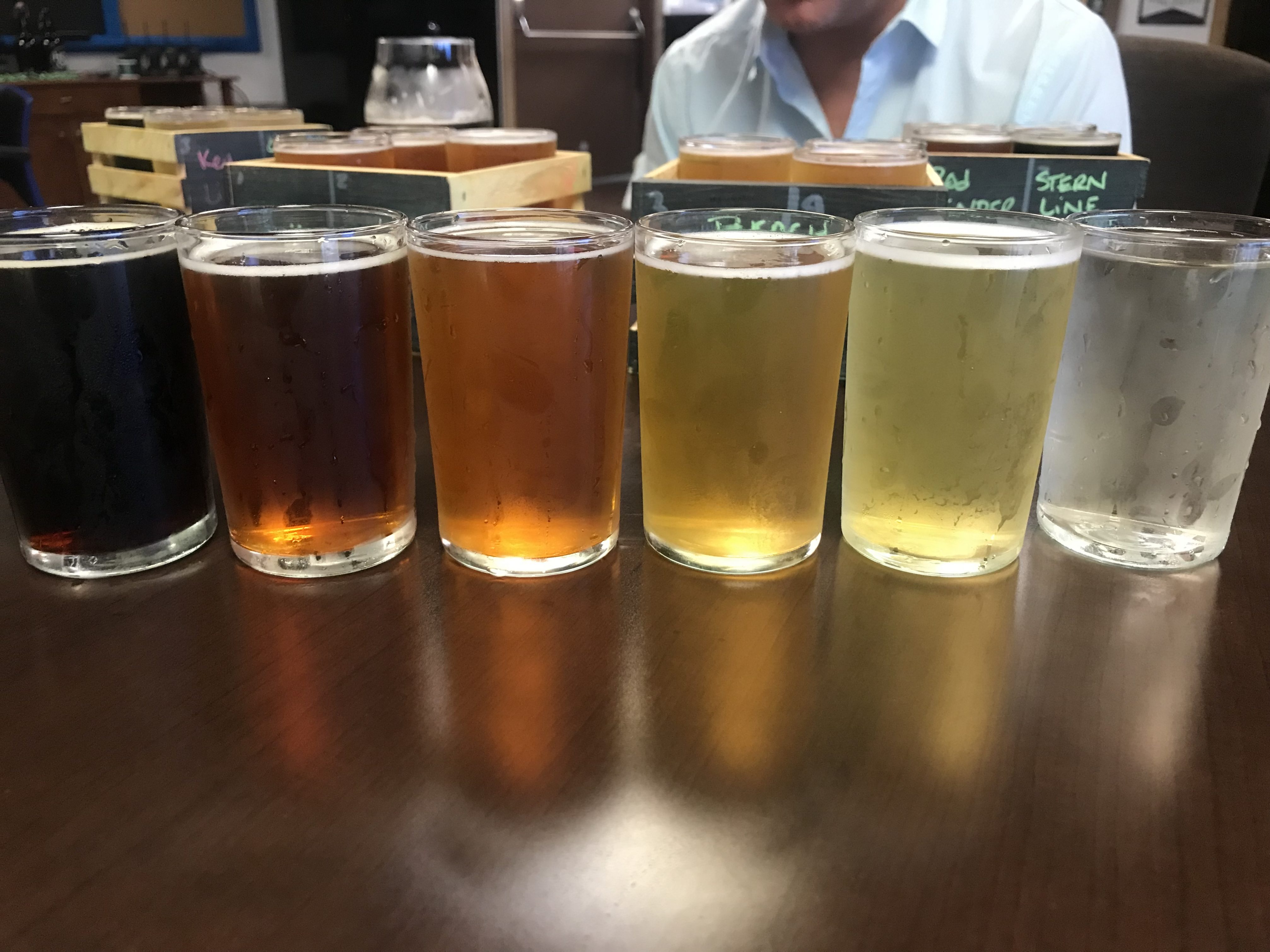 The beers! From L-R: Stern Line Oatmeal Stout, Rod Bender Red Ale, Mission to Marzen, Beach Blonde Ale, Key Lime Apple Cider and the Orange Seltzer