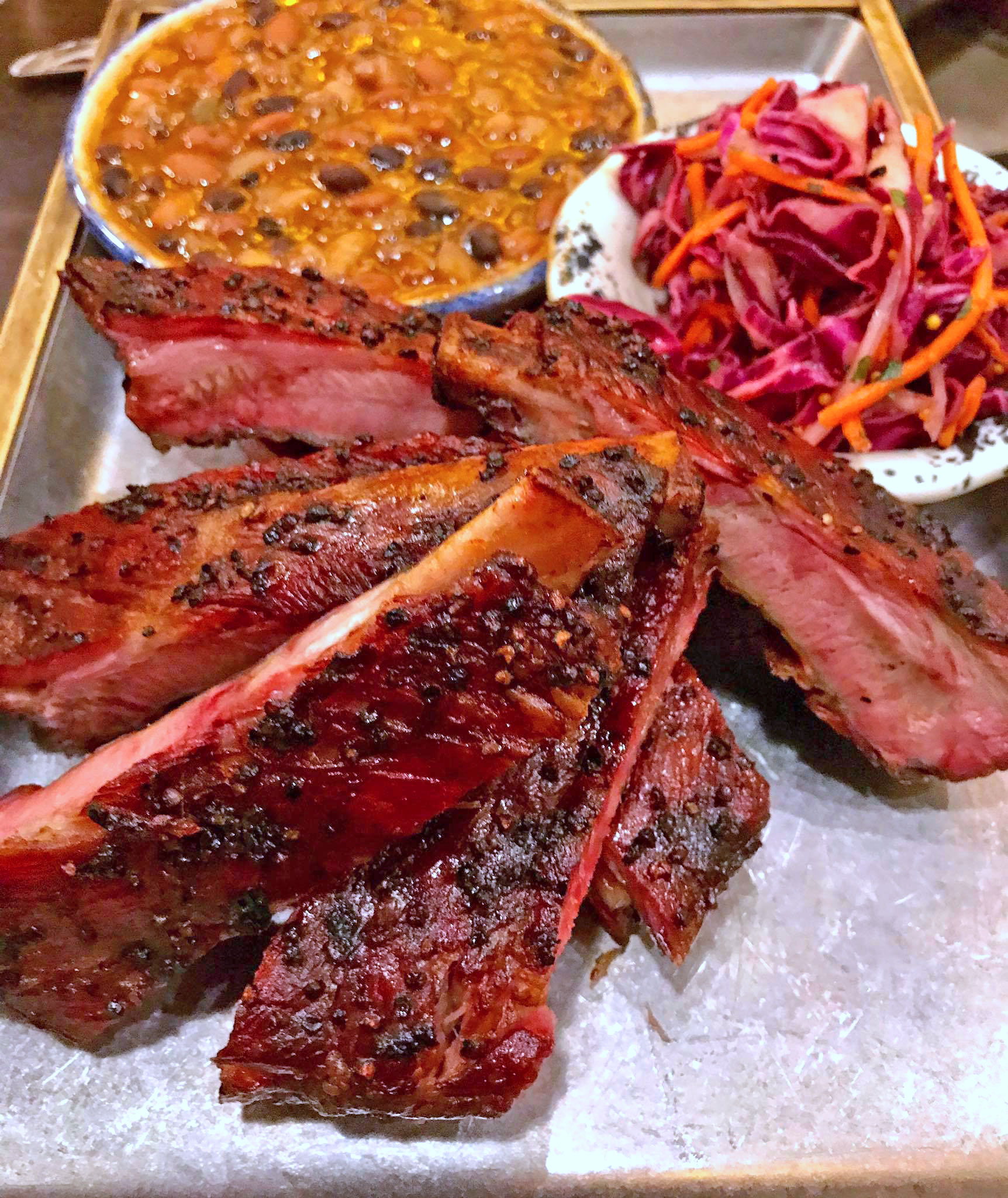 St Louis Ribs with Jack Daniels Baked Beans and Purple Slaw