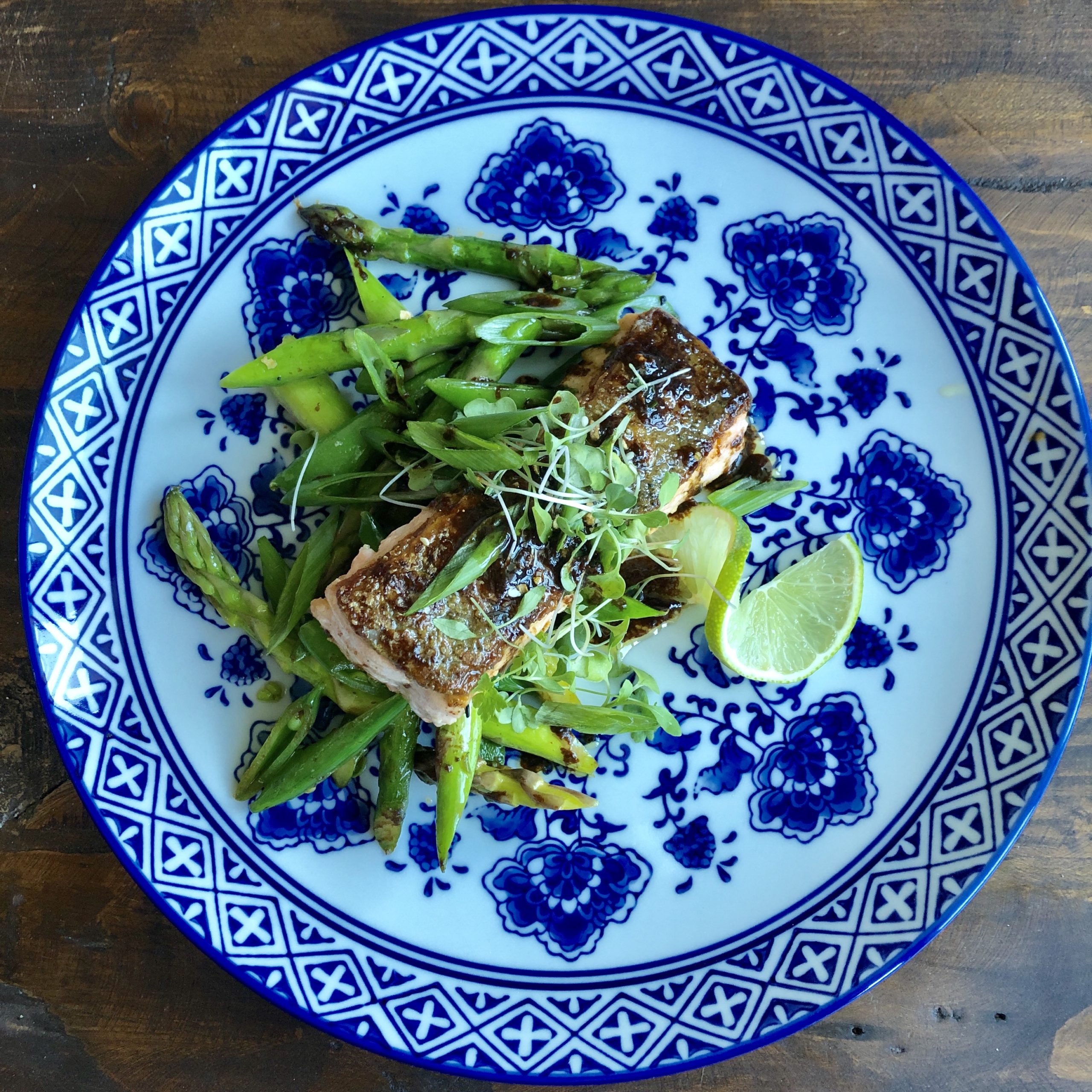 Crispy-Skinned Salmon with Asparagus, Snap Peas and Miso-Ginger Sauce Recipe