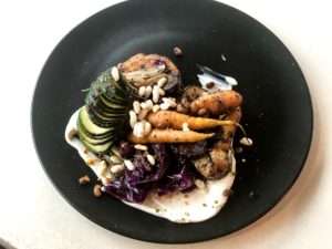 Jerked Veggies. Wood roasted, cool Yogurt, crispy fried Peas
