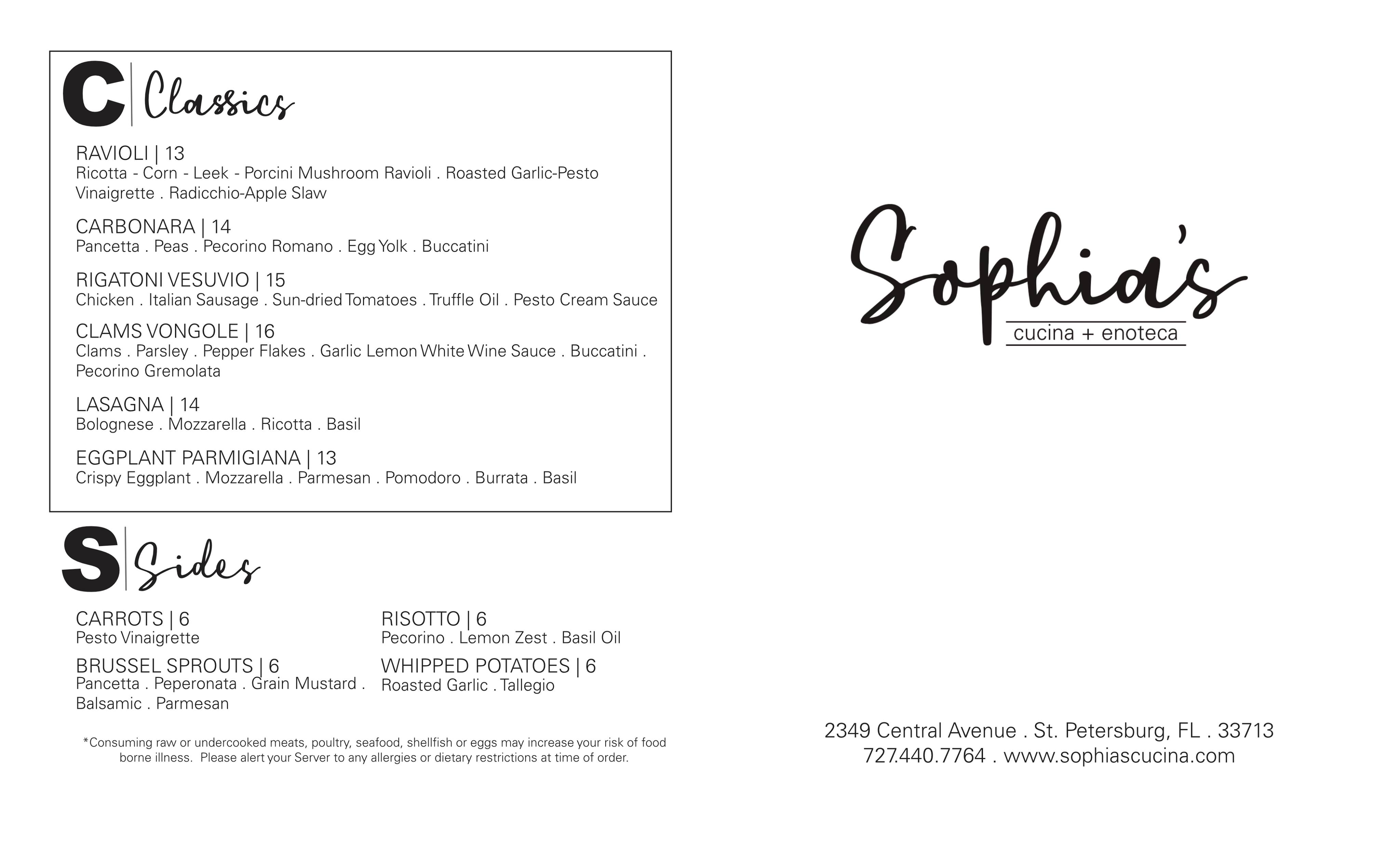 Sophia's menu
