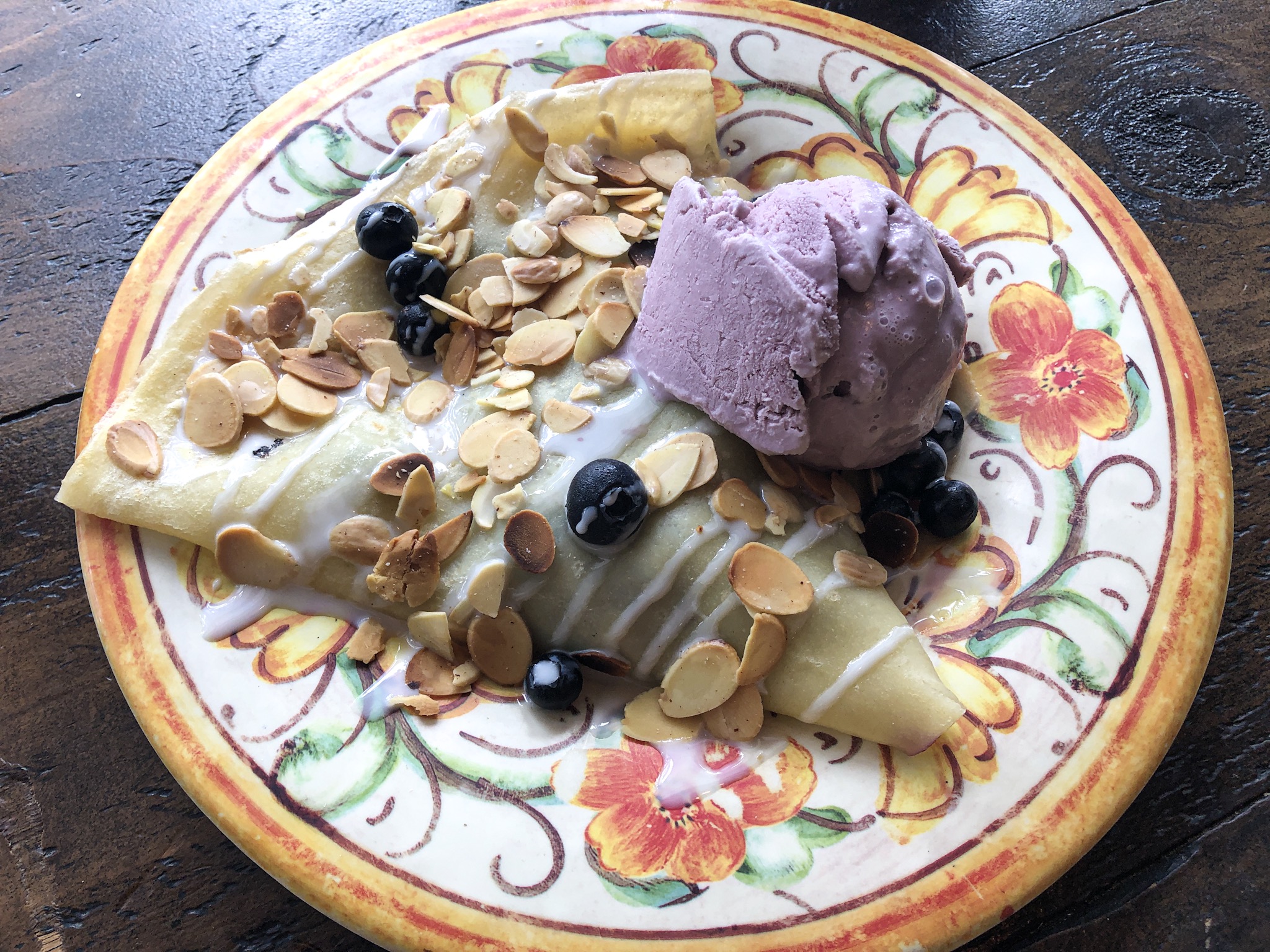 Wooden Rooster Blueberry Delight Crepe with Blueberry, Almonds and Black Raspberry Sorbet