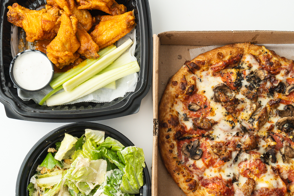 Doormét Premium Wings, Brooklyn Pizza, Half Caesar Salad
