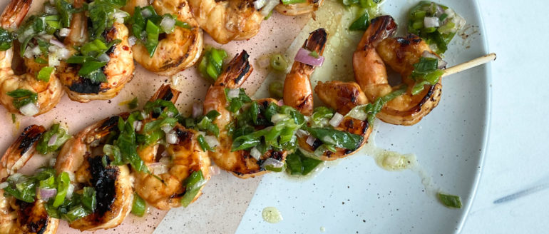 Grilled Soy Shrimp Skewers with Scallion-Lemon Relish Recipe