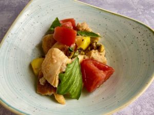 Two Graces - Heirloom Tomato Panzanella with fried pistachios and orange blossom water