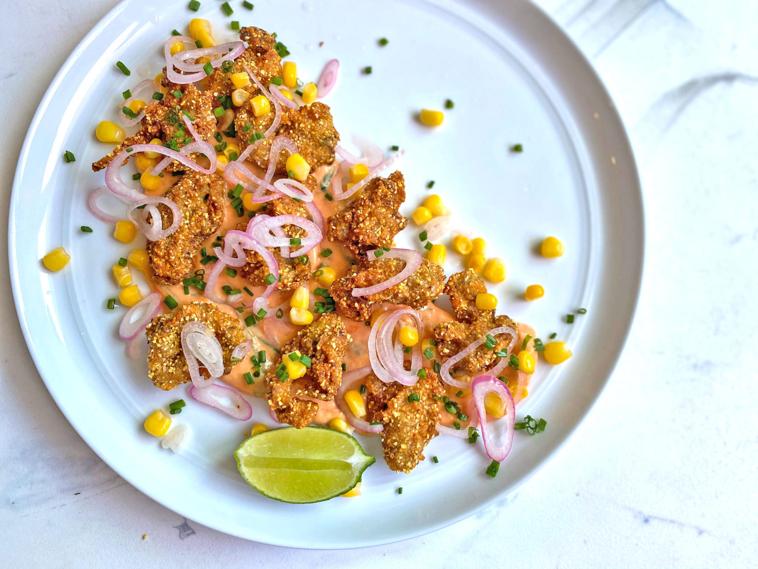 Recipe Fried Oysters wTomato Butter, Pickled Shallots, Corn