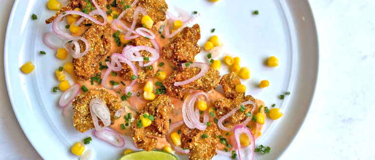Fried Lost Coast Oysters with Tomato Butter, Pickled Shallots and Corn Recipe