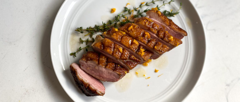 Sous Vide Duck Breast with Orange-Honey Pan Sauce and Root Vegetable Gratin Recipe