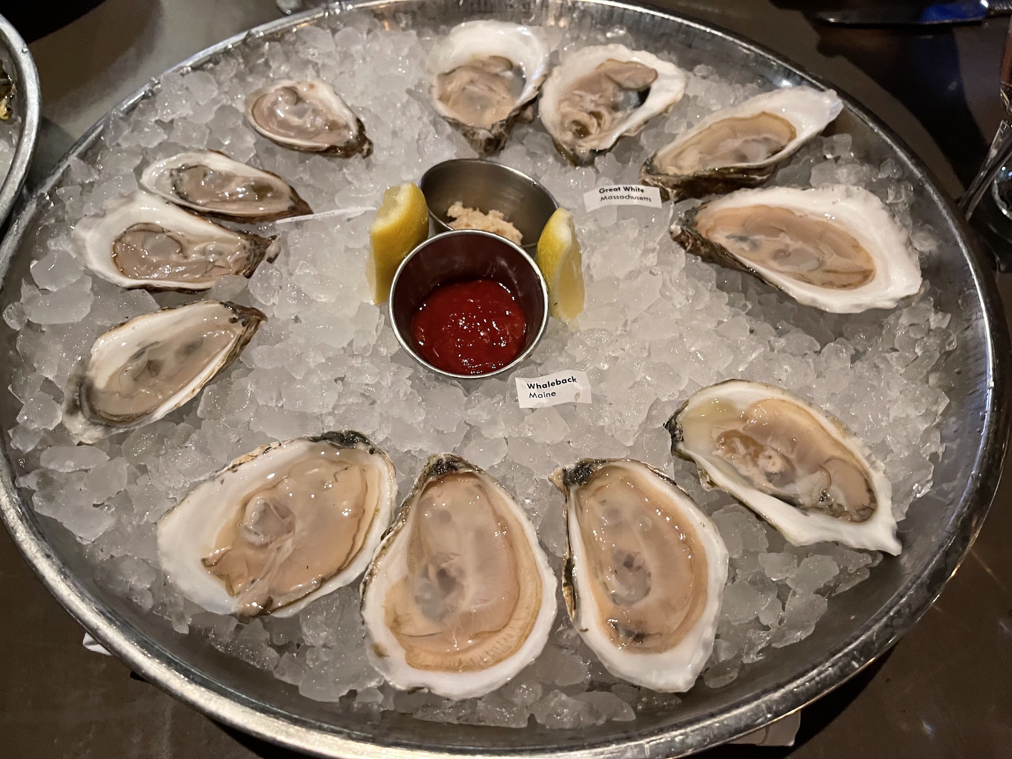 Sea Salt Dozen East Coast Oysters - Starting at the bottom with Whaleback from Maine, clockwise to the Beau Soleil from New Brunswick and next Great White from Massacusetts