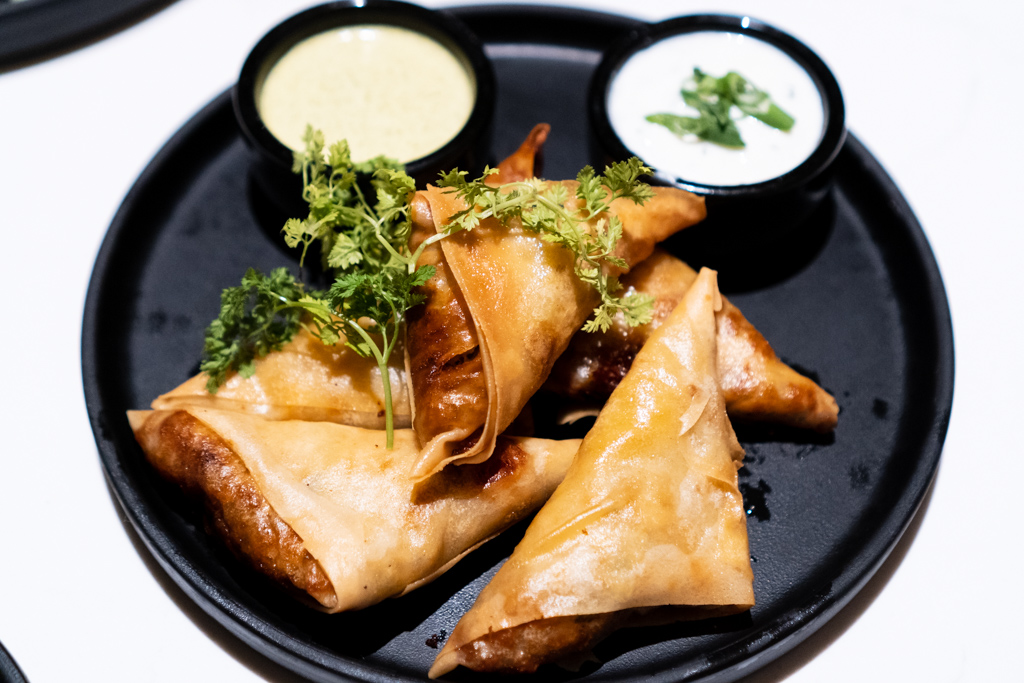 Social Roost Chicken Samosas with Siamese Ginger and Yogurt Lime Dip