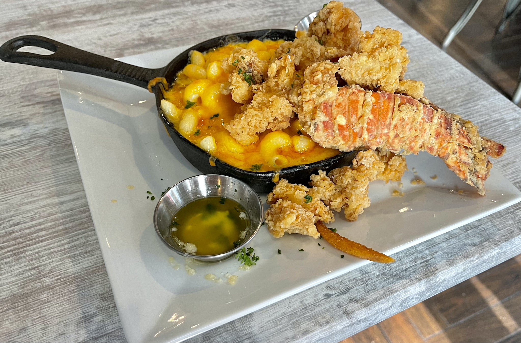 Three Generations Fried Lobster with Smoked Gouda and Cheddar Skillet Mac