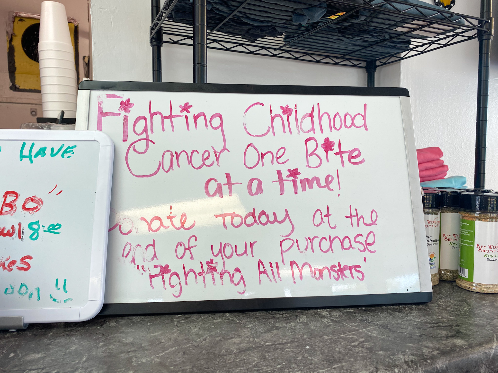 Fighting Cancer sign at Cori's Seafood