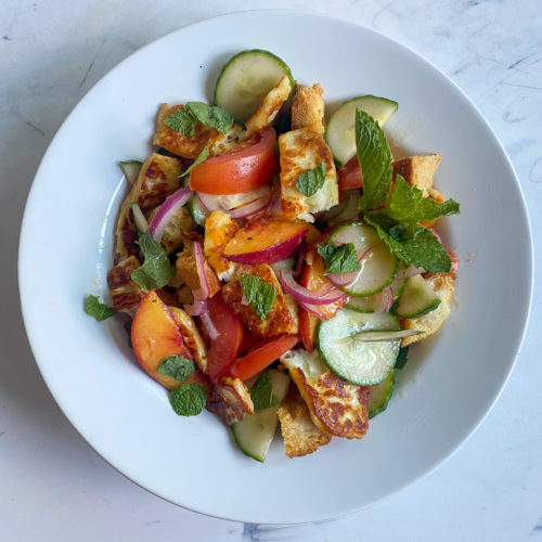 Peach, Tomato and Cucumber Salad with Seared Halloumi