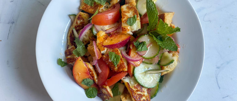 Butter Lettuce and Broiled Peach Salad with Sheep's Cheese Toasts