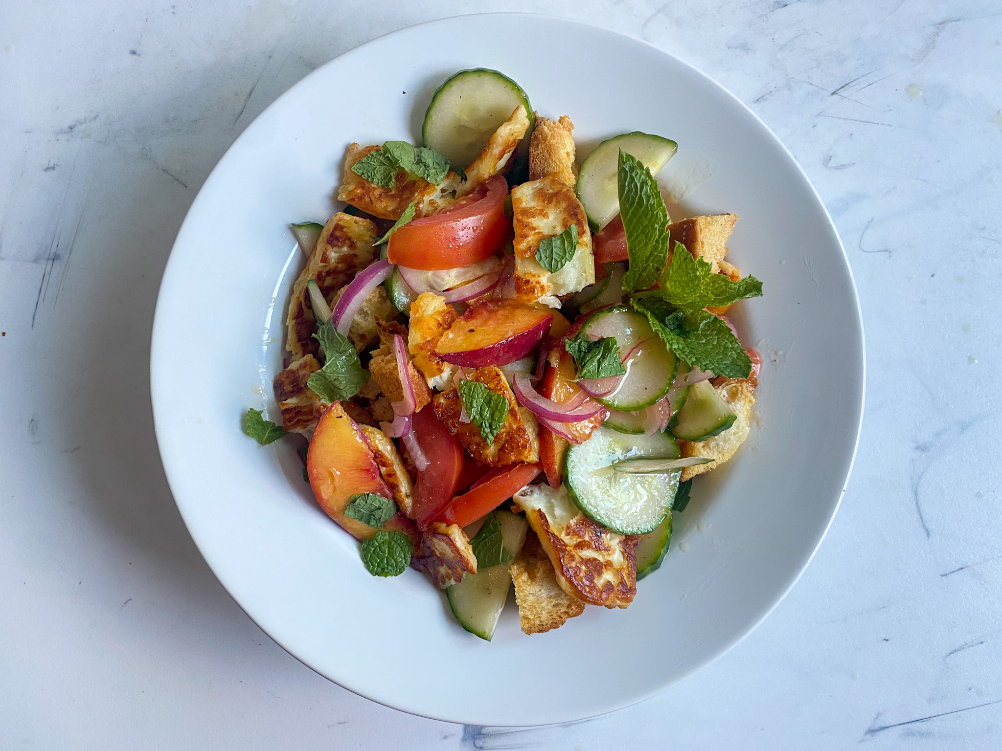 Peach, Tomato and Cucumber Salad with Seared Halloumi