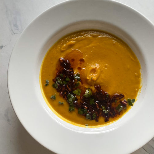 Butternut Squash Soup with some chili crisp and minced fresh Sage