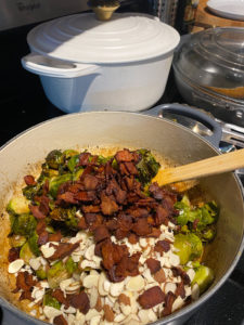 Brussels, bacon and almonds added to the glaze