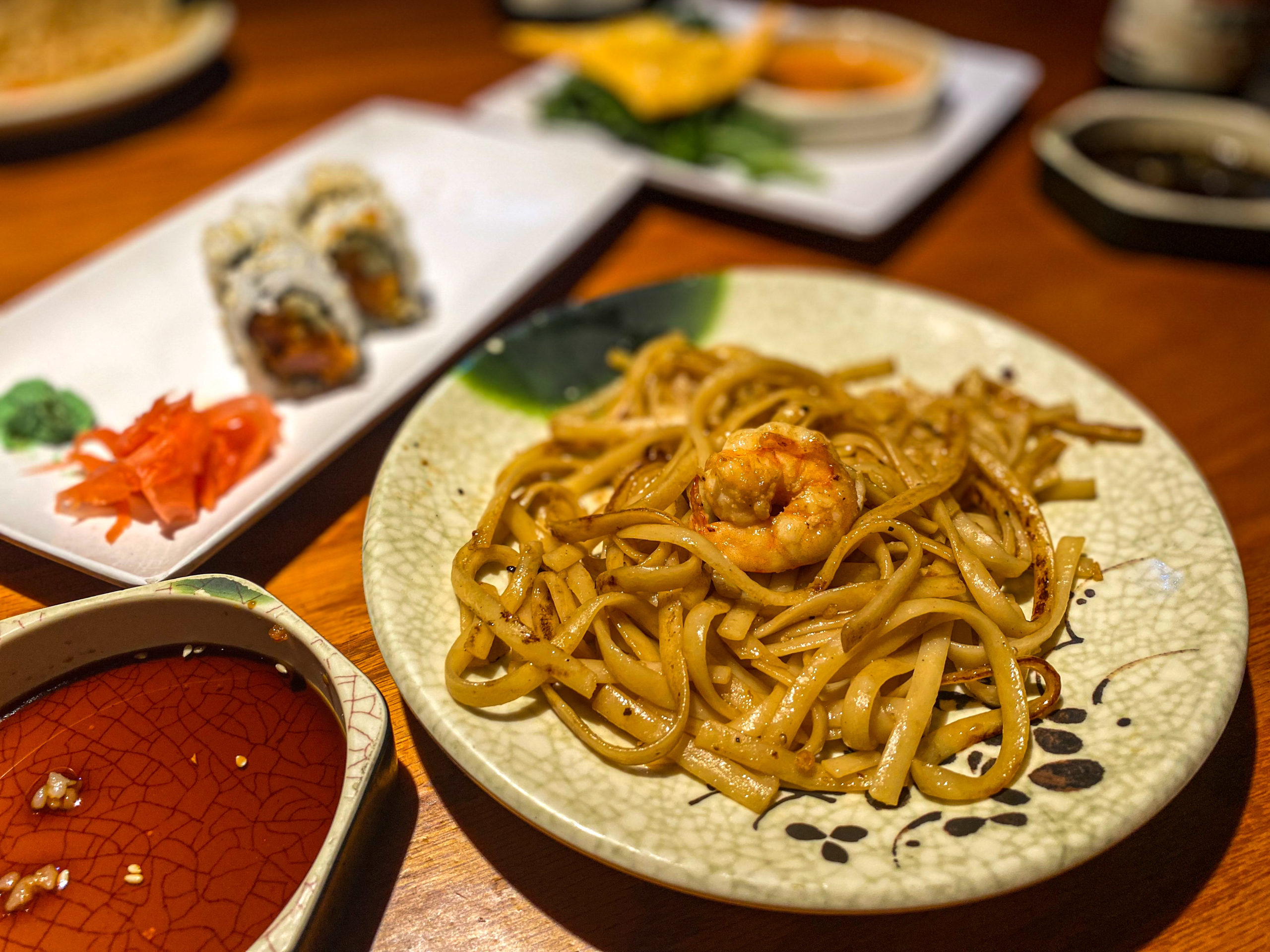 Noodles and shrimp - part of the teppanyaki entree