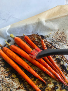 The roasted carrots after their first spin in the oven