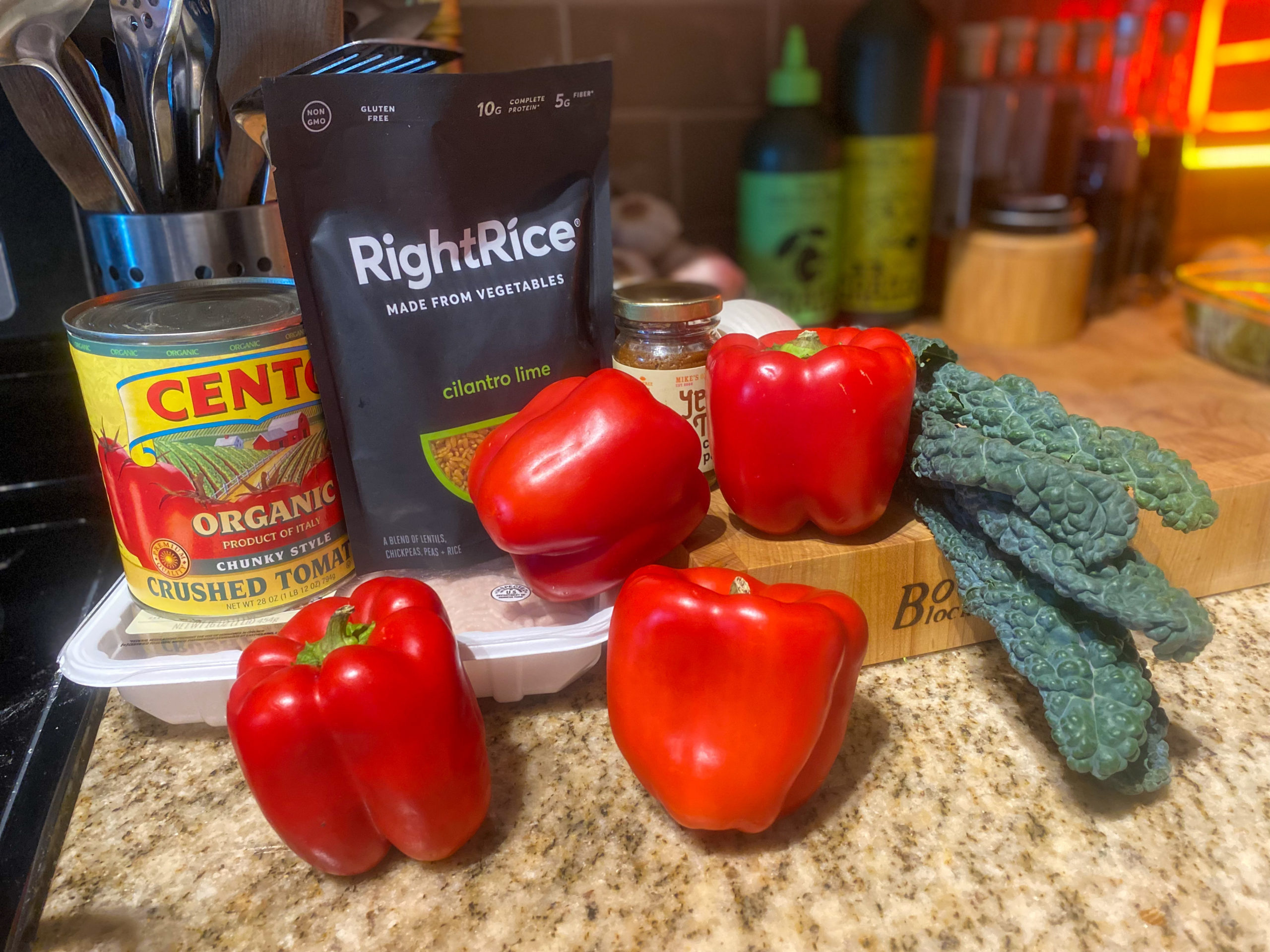 A Few of the ingredients for the Curry Chicken and Rice Stuffed Peppers, including Right Rice.