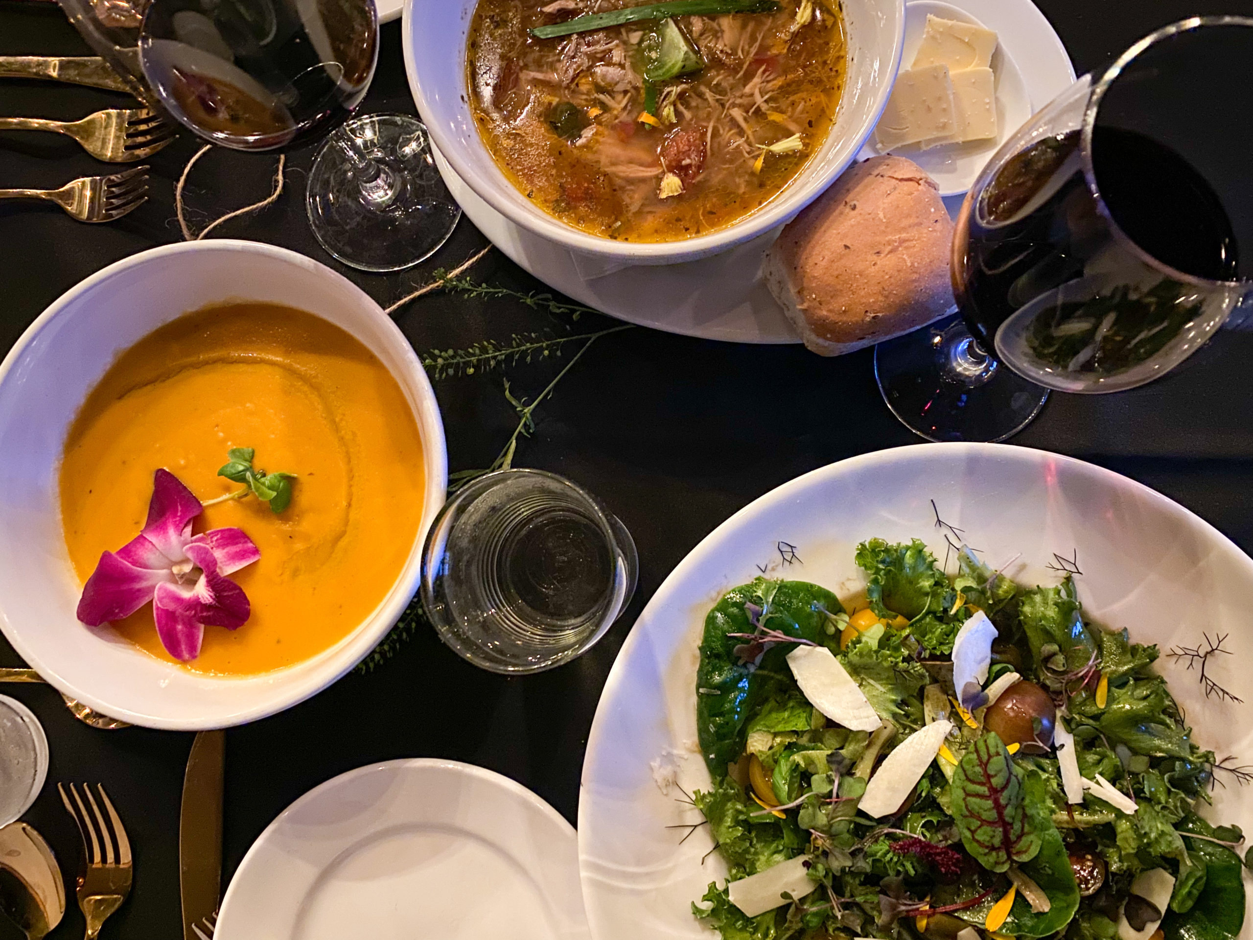 Pasture-raised Chicken Soup, Creamy Roasted Sweet Potato Soup and the Salad