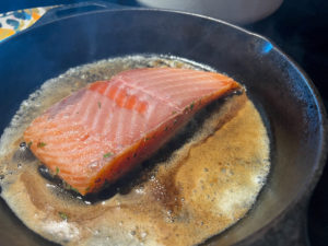 Salmon during first side sear