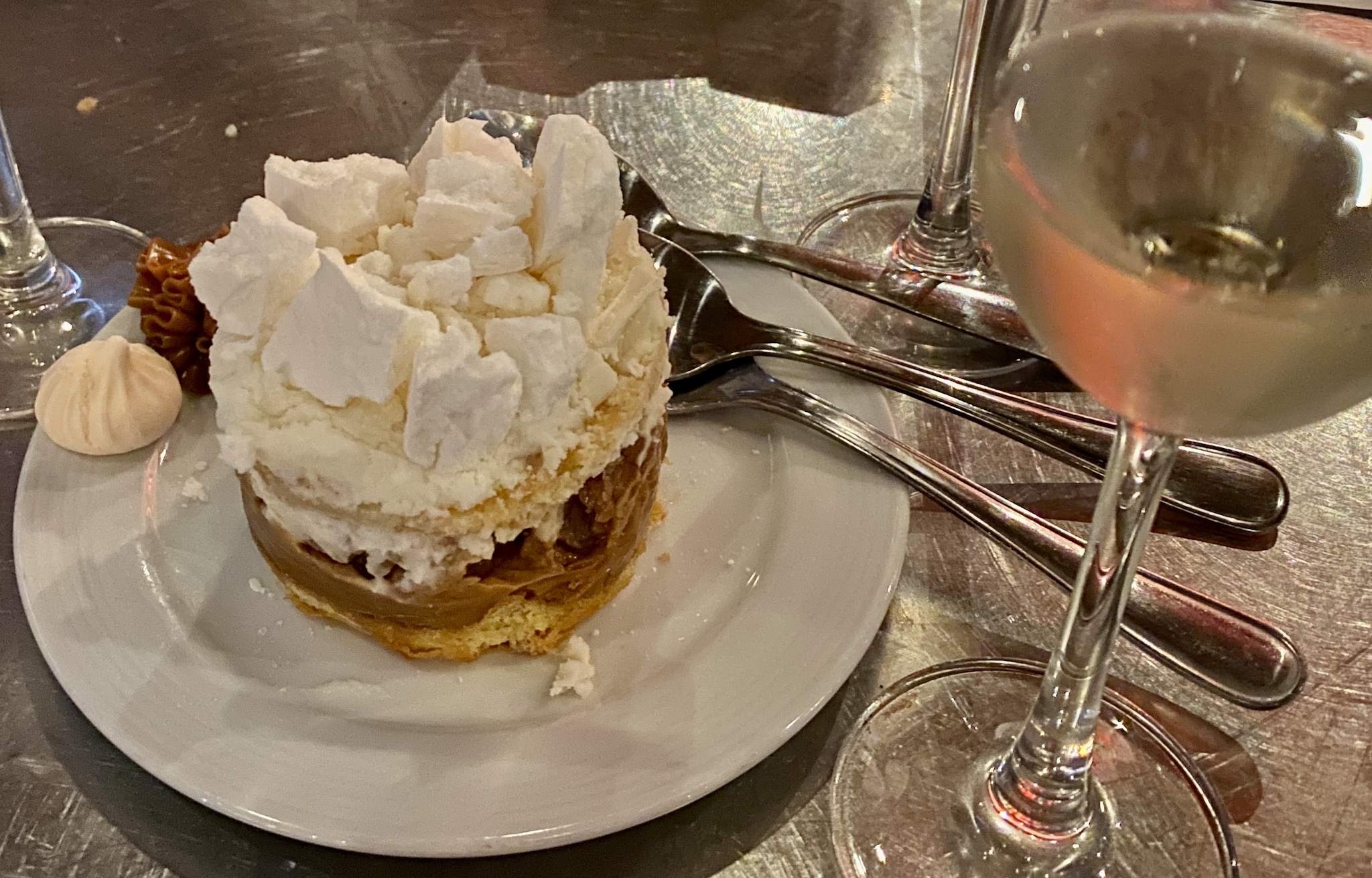 Chaja - Renzo's signature dessert. Home-made sponge cake, layered with dulce de leche caramel, peaches and walnuts. Covered in chantilly and topped with meringue crumbles