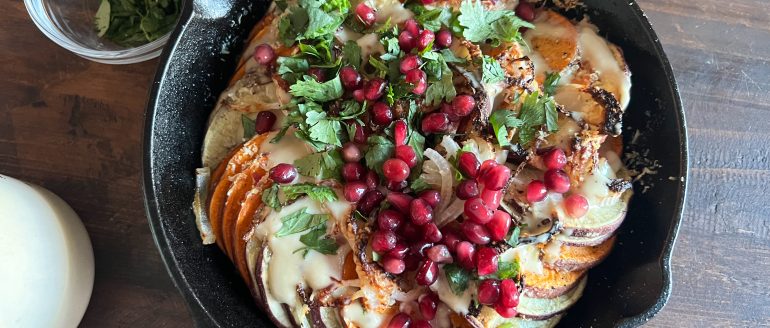 Sweet Potato Tian with Maple-Tahini Drizzle Recipe