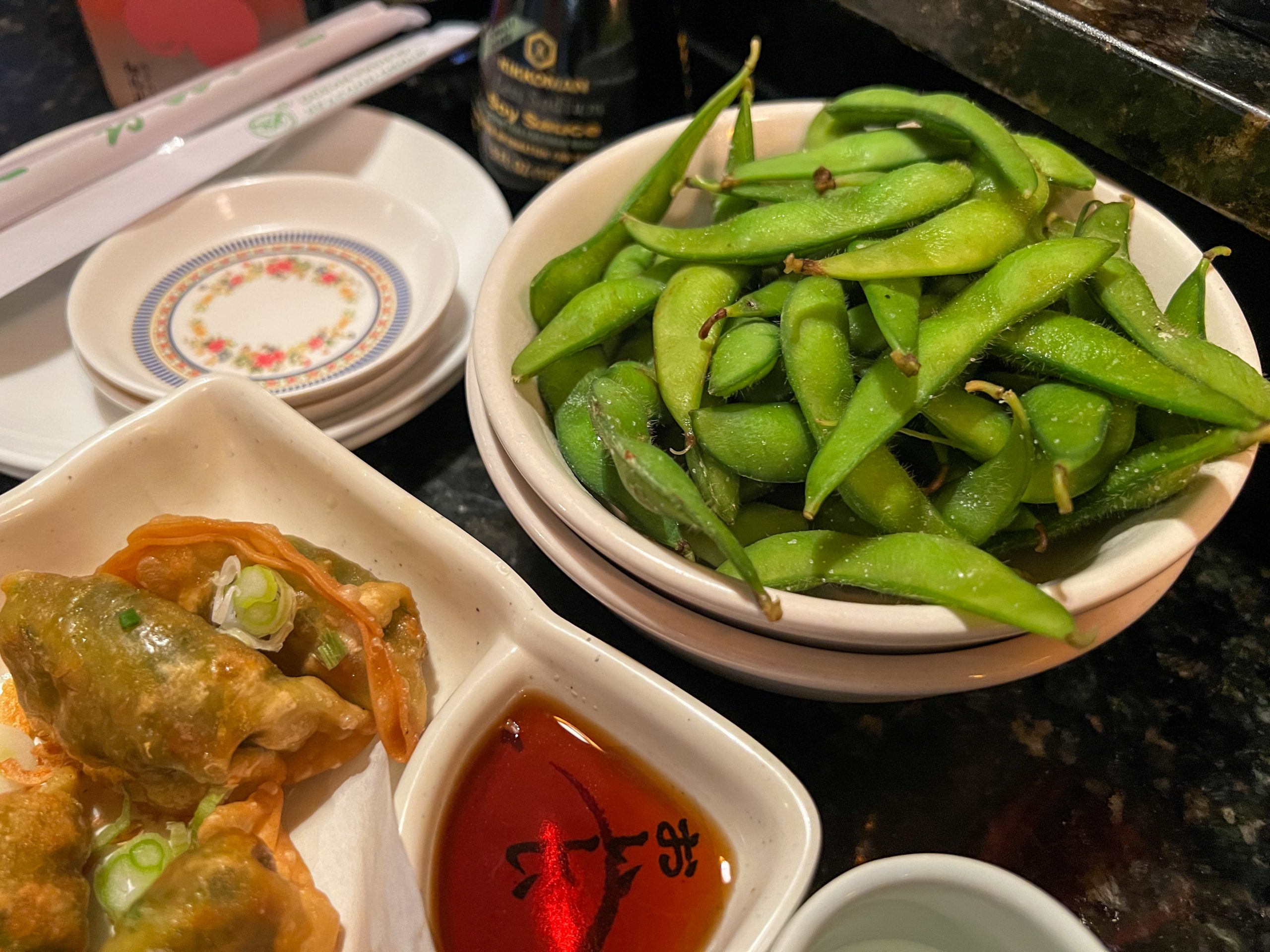 Vegetable Gyoza and the edamame for appetizers