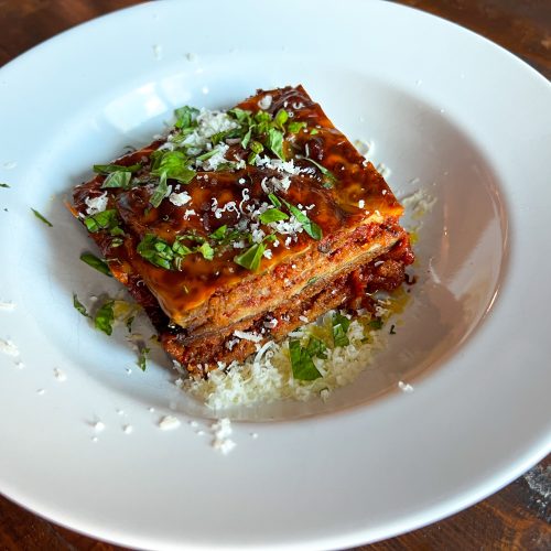 Eggplant Parmesan with fresh parmesan and basil