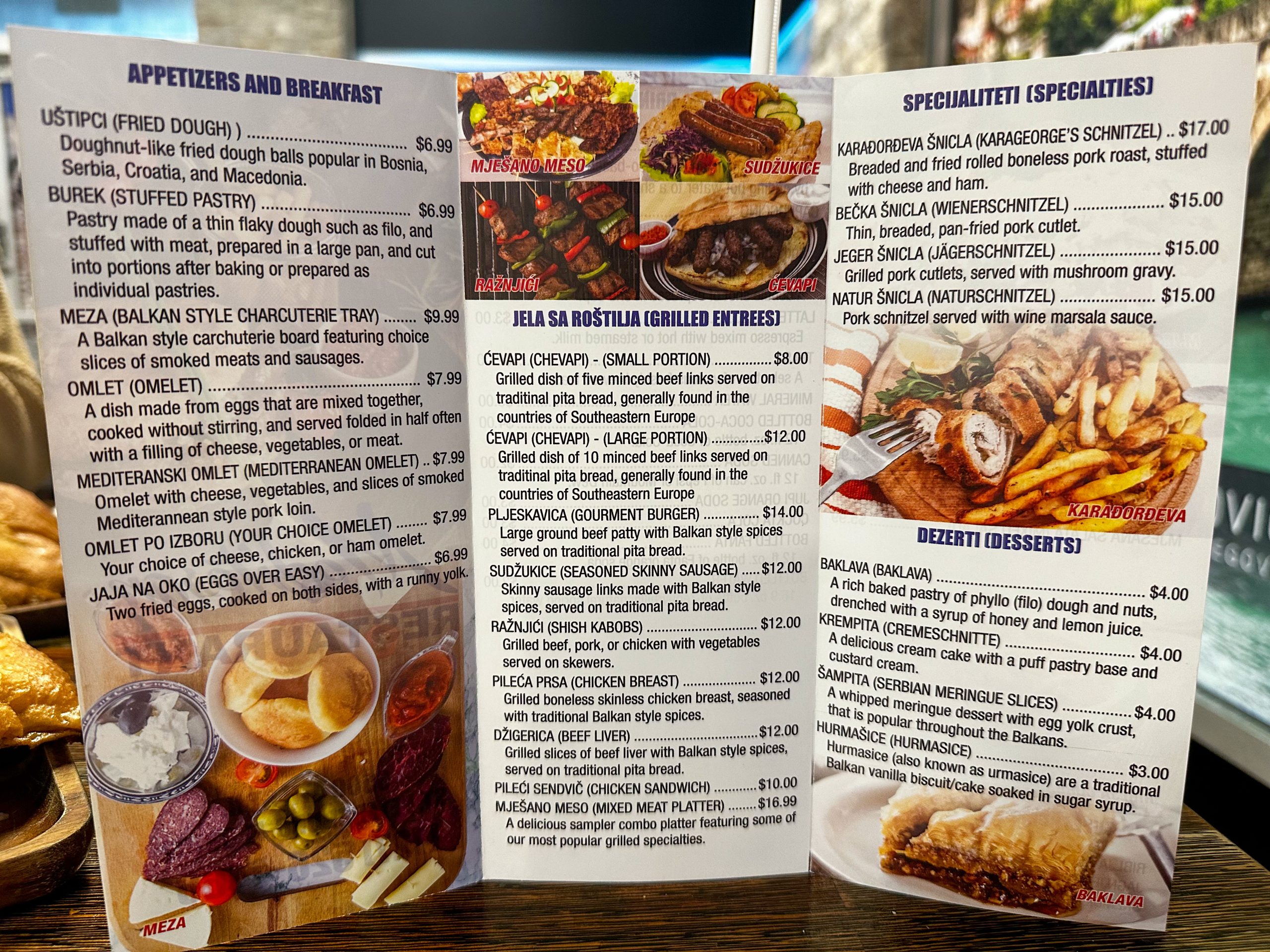 The menu at Serbian Mediteran Restaurant