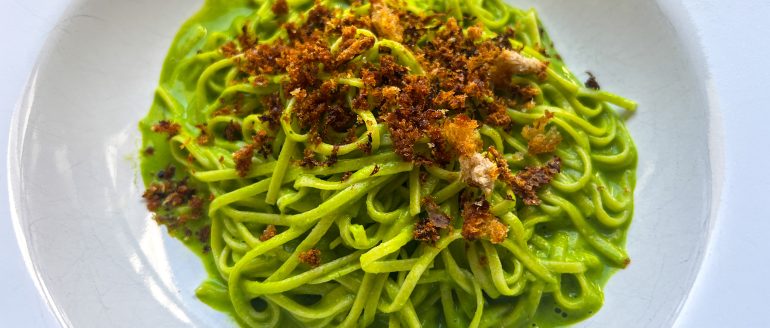 Miso-Spinach Pesto Pasta with Lemony Breadcrumbs Recipe