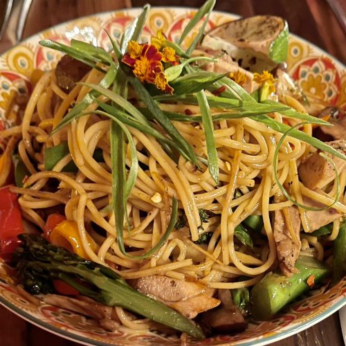 Calida Chow Noodles - long noodle, market vegetable, fresh ginger & garlic, tamari, sesame oil, chili flake
