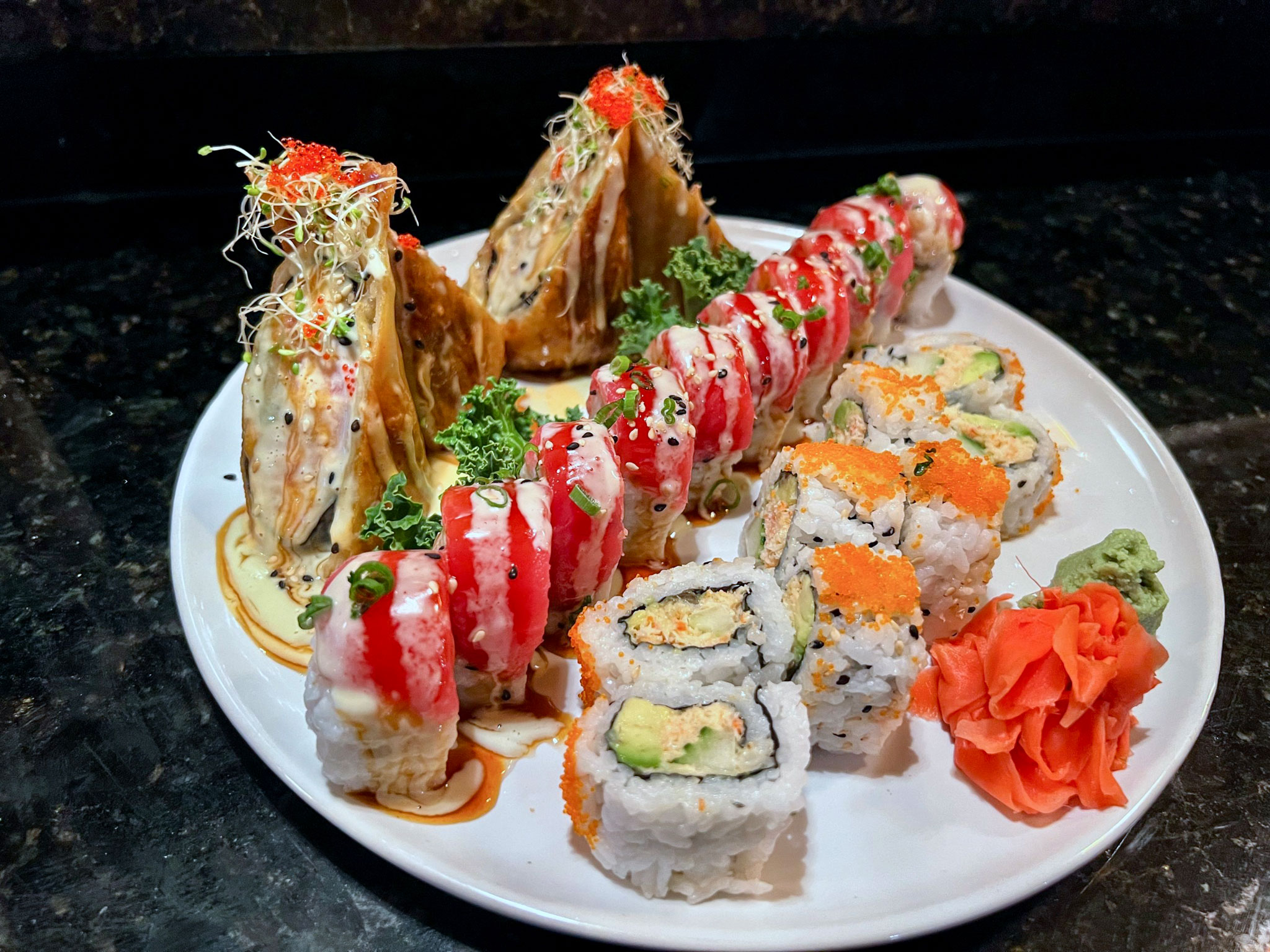 Trio of sushi rolls (L-R) - Sassy Amiga, Hangover, Snow Crab