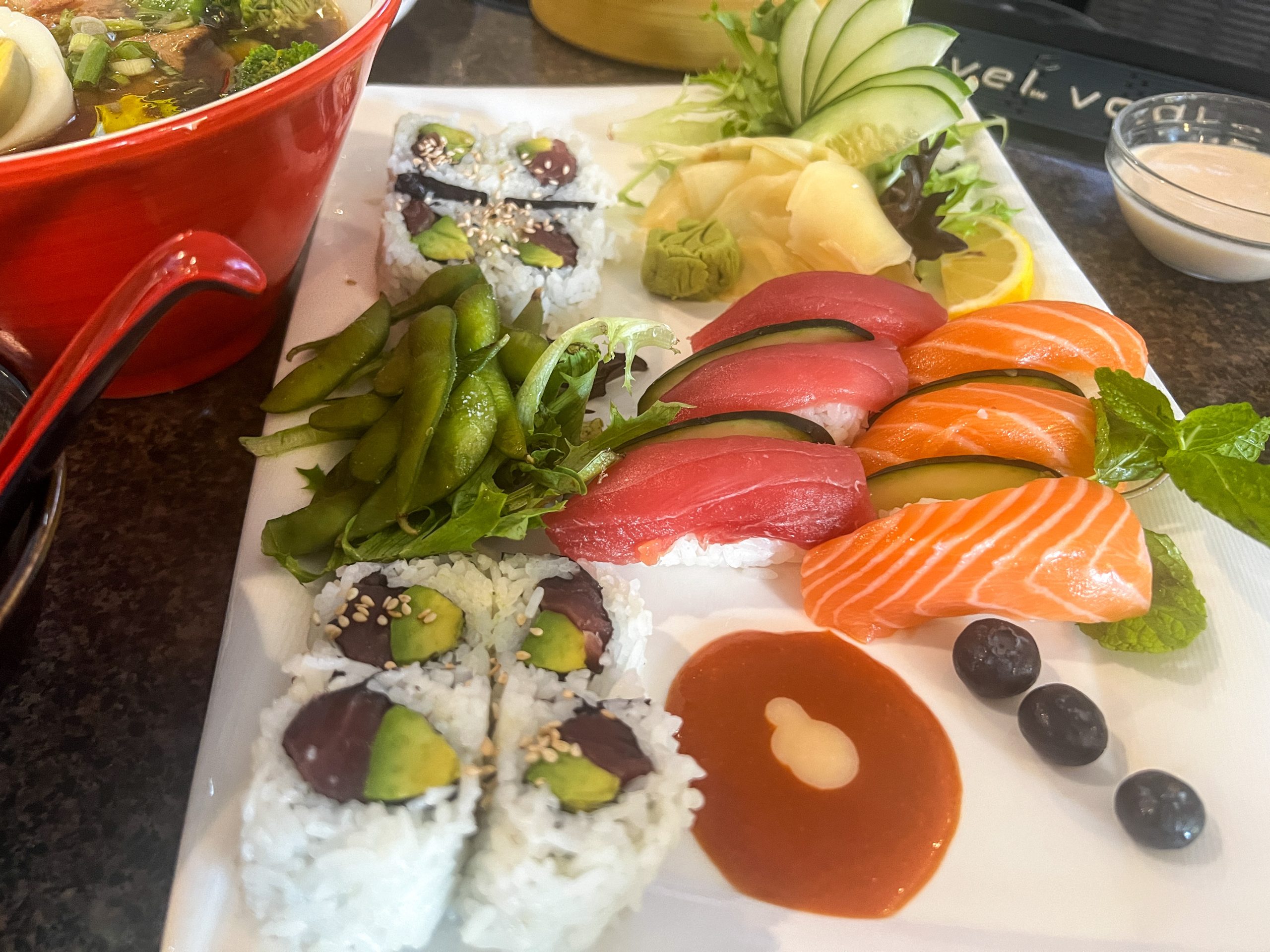 Yaki-Mono's Japanese cuisine is full of vibrant dishes like this selection from their lunchbox offerings with sushi tuna and salmon, edamame and a California roll