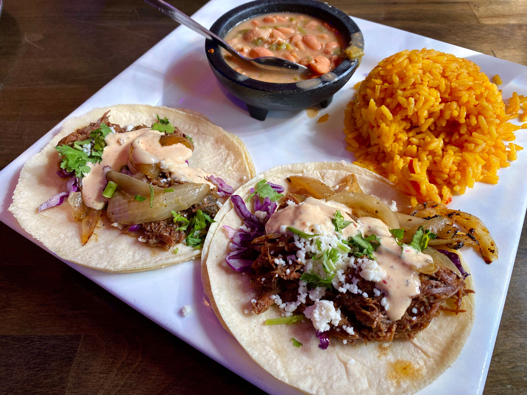Braised Short Rib Tacos with charro beans and rice