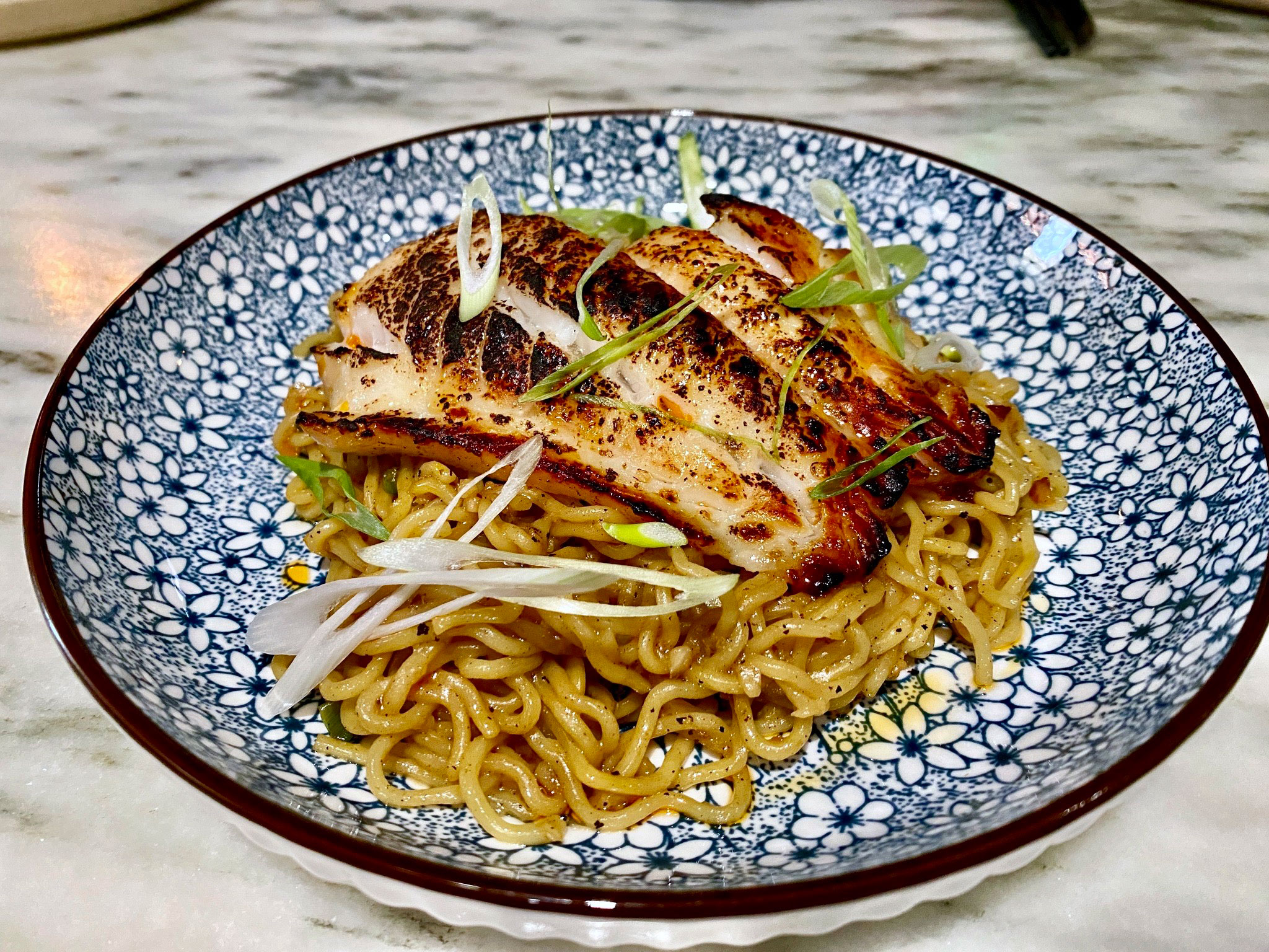 Miso Glazed Fish with Pan Fried Noodles, Scallions, Sweet Ginger Soy